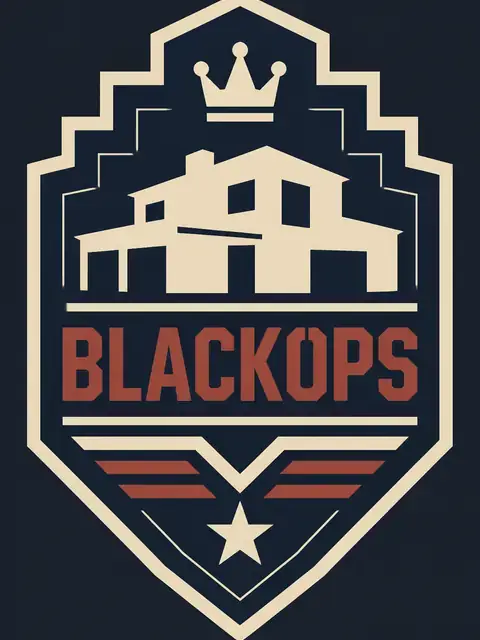 BlackOps Market varsity crest plate on a charcoal-navy field