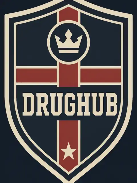 Drughub Market varsity crest plate on a charcoal-navy field