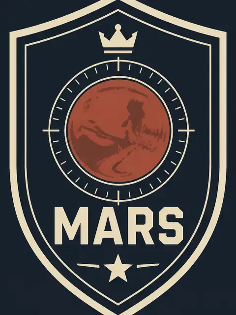 Mars Market varsity crest plate on a charcoal-navy field