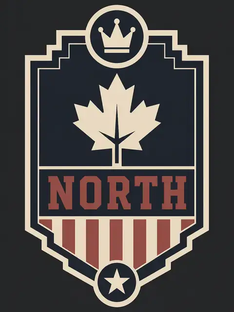 We The North varsity crest plate on a charcoal-navy field