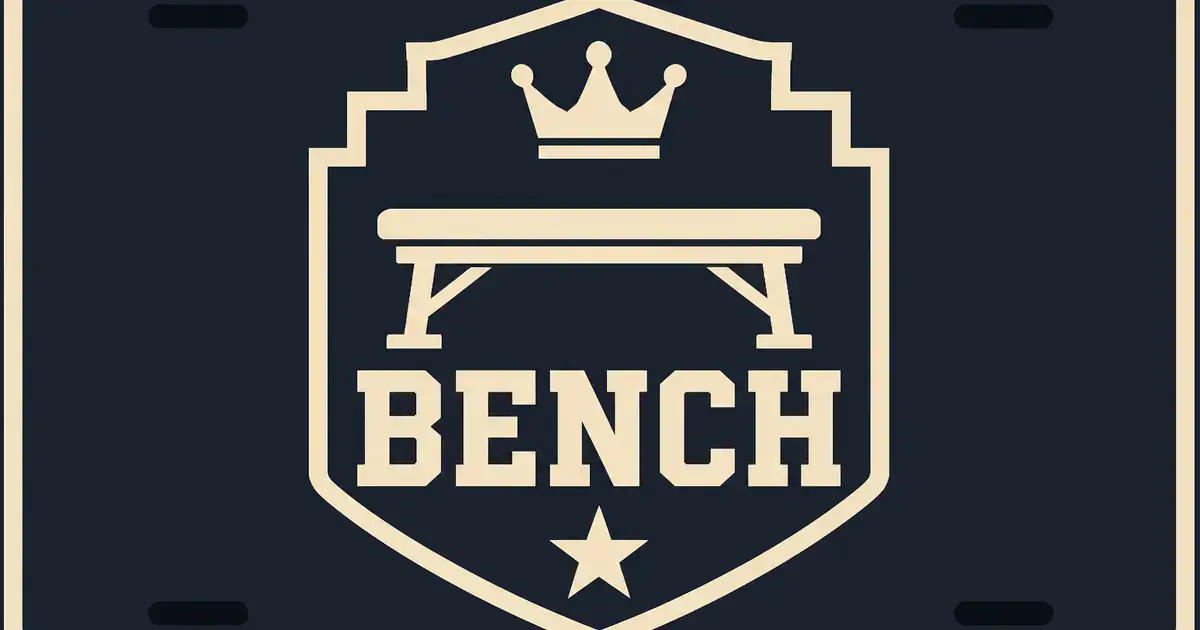 Cream bench silhouette inside a stepped athletic crest