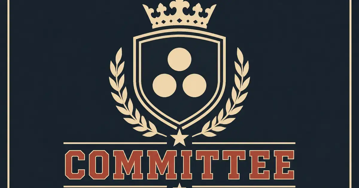 Three cream pips as a committee mark inside a navy crest