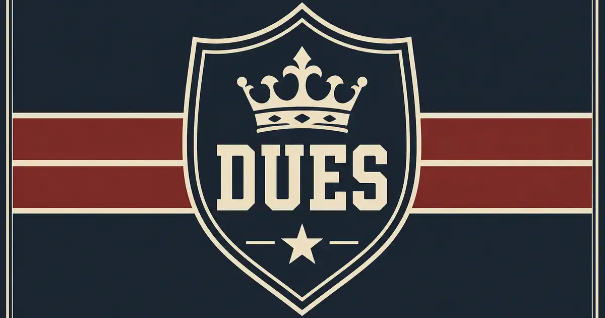 Brick letterman stripes and cream DUES at the base of a shield
