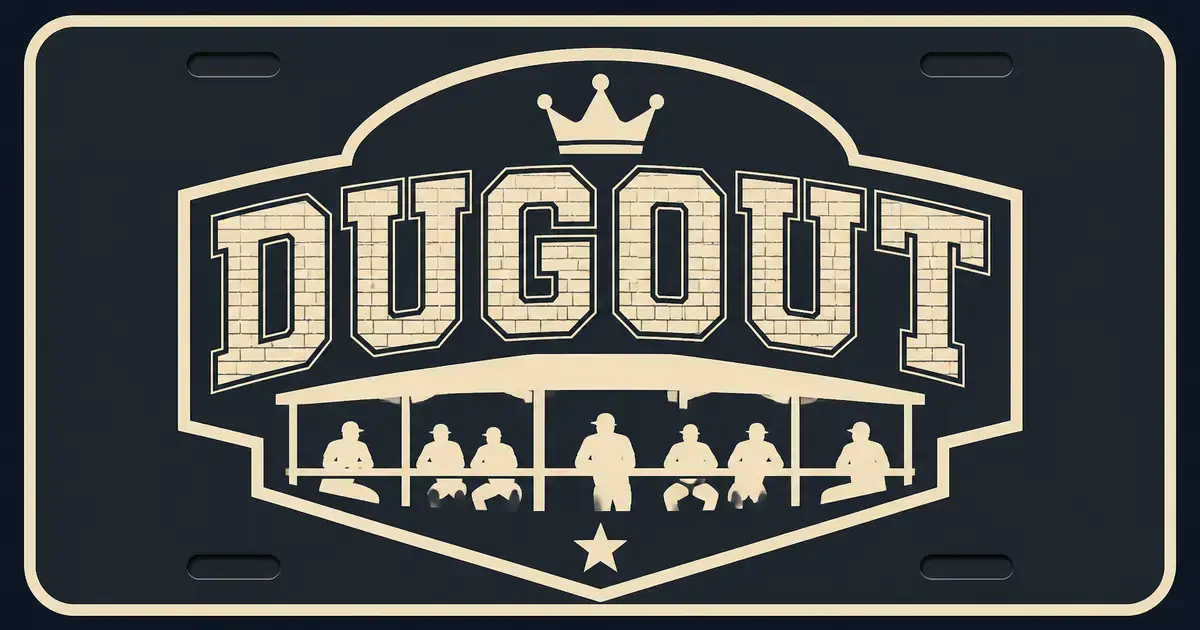 Low cream dugout silhouette under a varsity shield arch