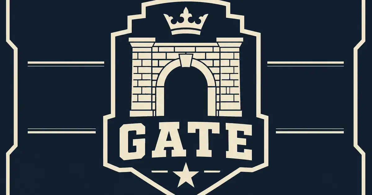 Arched cream gate silhouette inside a stepped athletic shield