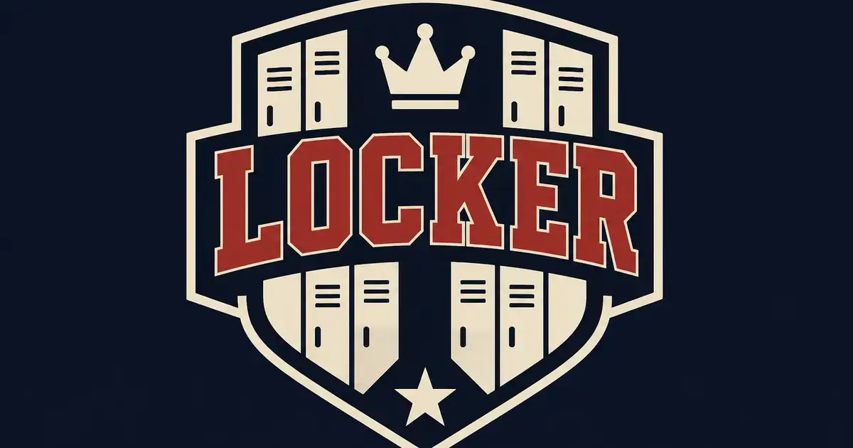 Cream locker-door bars inside a navy letterman shield