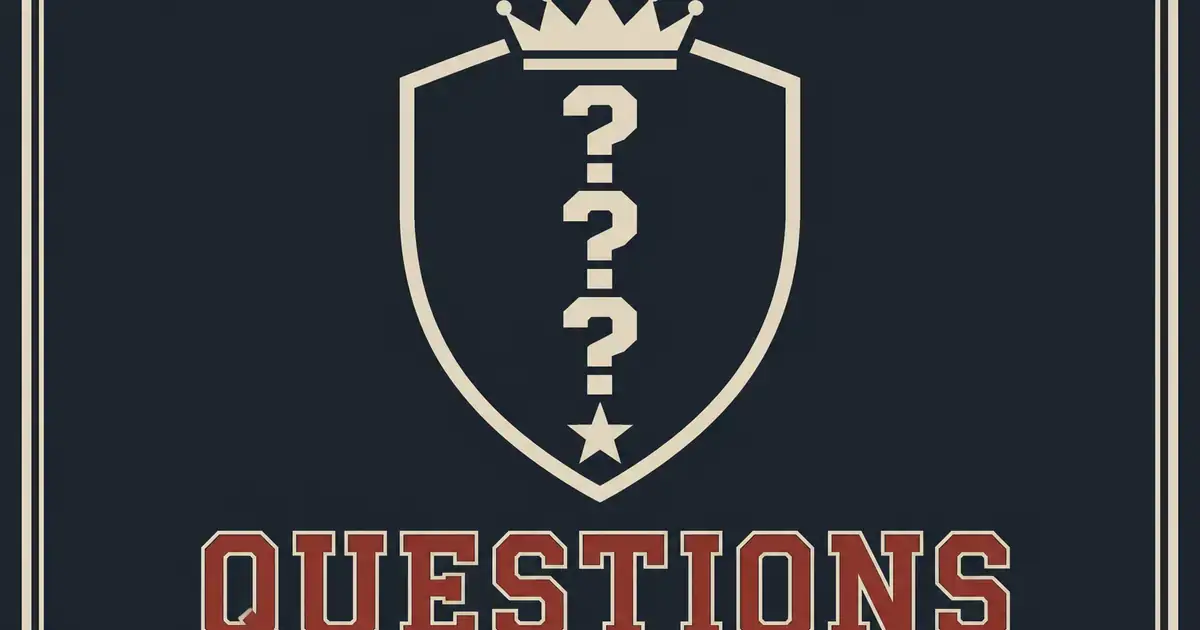 Three cream question pips inside a large varsity shield