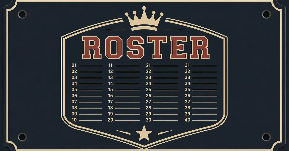 Cream numbered roster ticks inside a letterman shield
