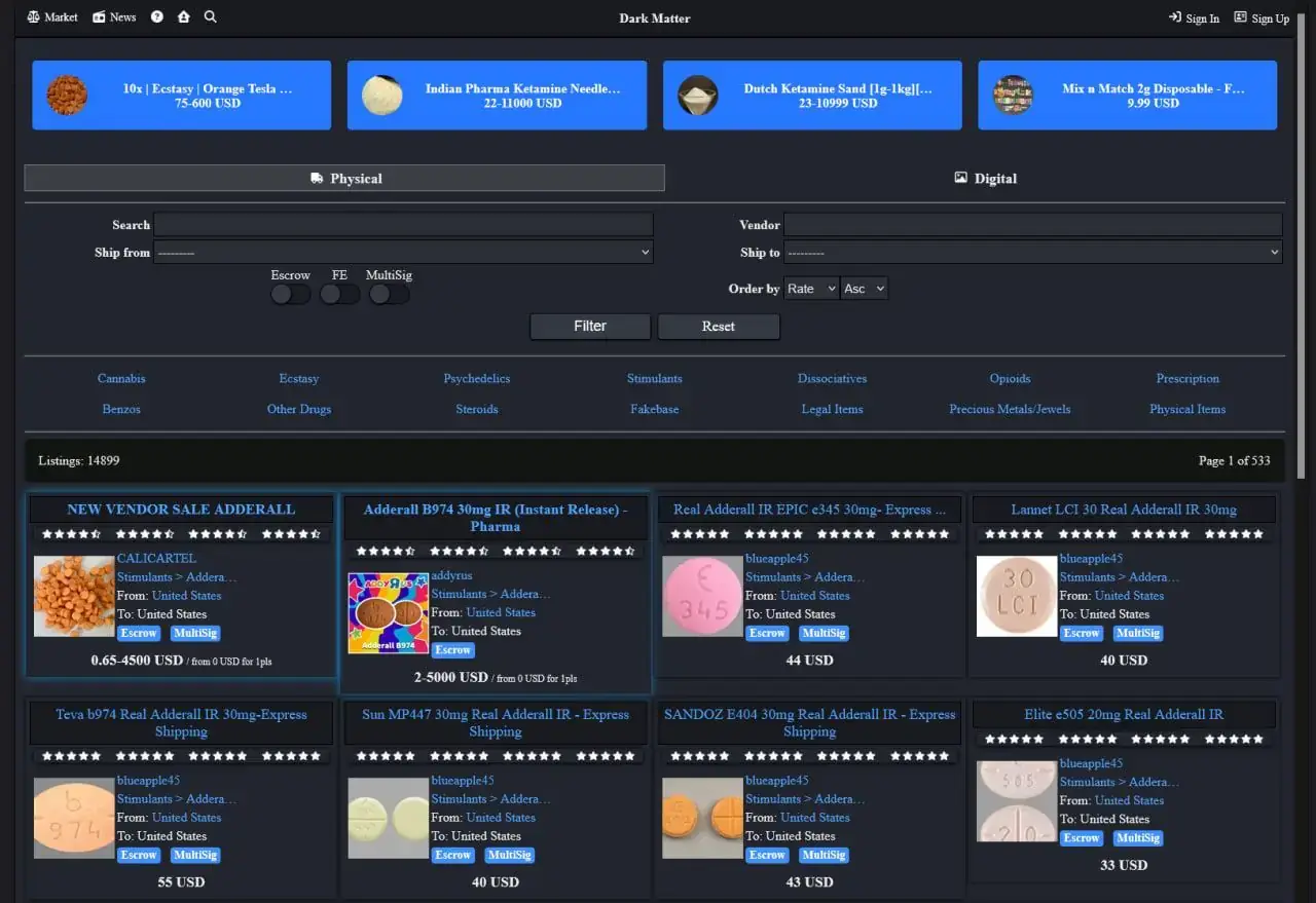 Full Dark Matter Market marketplace screenshot shown without cropping
